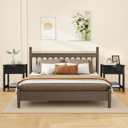 Miniatura 7 de Mesita de noche moderna de mediados de siglo con cajón, mesita de noche negra para dormitorio, mesa auxiliar pequeña con almacenamiento, mesa