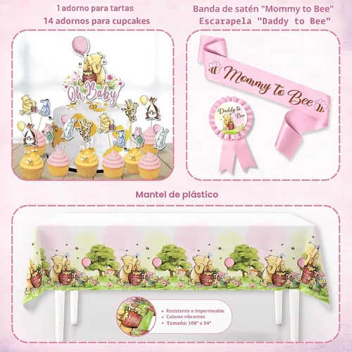 Miniatura 7 de Decoración de Baby Shower Winnie en Rosa – Globos de Winnie the Pooh, Telón de Fondo, Bandera de Bienvenida al Bebé, Mantel, Adornos para Pastel