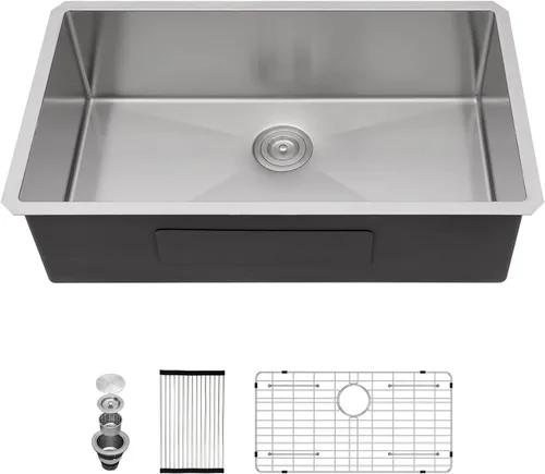 Miniatura 7 de Fregadero de cocina de 33 pulgadas de calibre 16 de acero inoxidable 304 hecho a mano bajo encimera, fregadero de cocina grande de 33 x 19 pulgadas
