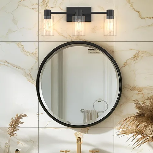 Miniatura 5 de Apliques de pared negros mate de 3 luces para baño, modernas lámparas de tocador sobre espejo, lámparas de baño con pantalla de vidrio transparente
