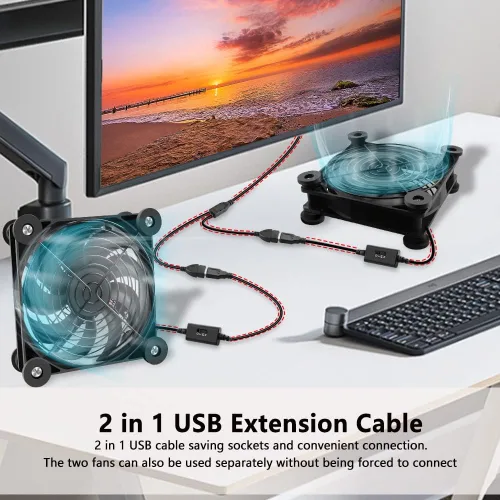 Miniatura 3 de Paquete de 2 rodamientos de doble bola de ventilador USB silencioso de 4.724 in, ventilador USB de 5 V, con controlador de velocidad de 3 grados