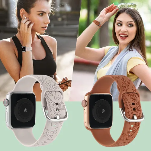 Miniatura 7 de Correa de silicona grabada con flores compatible con correas de Apple Watch de 1.496 pulgadas, 1.575 pulgadas, 1.614 pulgadas, bonita correa Marrón