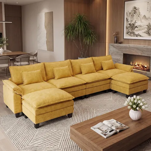 Miniatura 29 de URRED Cloud Couch Sofá Seccional Modular, Sofá Moderno en Forma de U de Asiento Profundo de 157", con 2 Otomanas y Almohadas, Sofás de Chenilla Azul