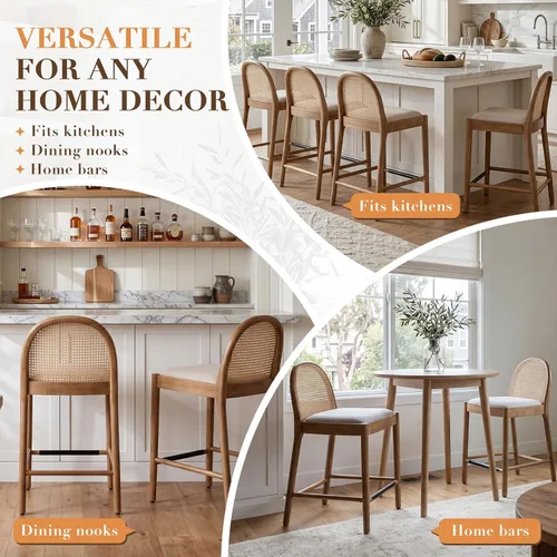 Miniatura 6 de DUOMAY Juego de 2 taburetes de mostrador modernos de ratán beige, 26 pulgadas de altura - Taburetes de bar de madera tapizados en lino con respaldo