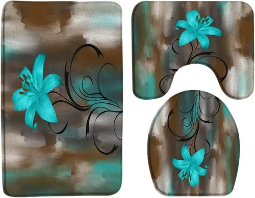 Sunhe Juego de 3 tapetes de baño con diseño de flores color verde azulado, arte abstracto, azul, turquesa, lirio, floral, moderno, creativo, de