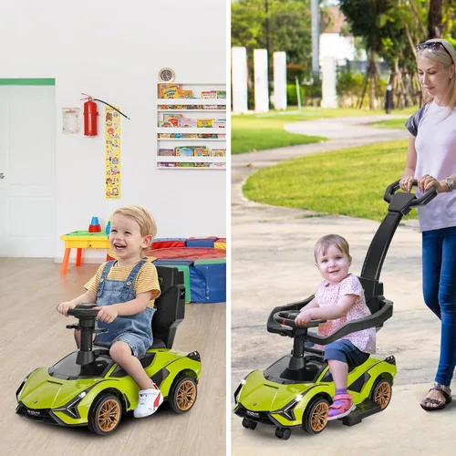 Miniatura 9 de INFANS 3 en 1 Coche de paseo con licencia Lamborghini, cochecito de bebé con empuje, coche de paseo deslizante con asa de empuje, música, USB, faro