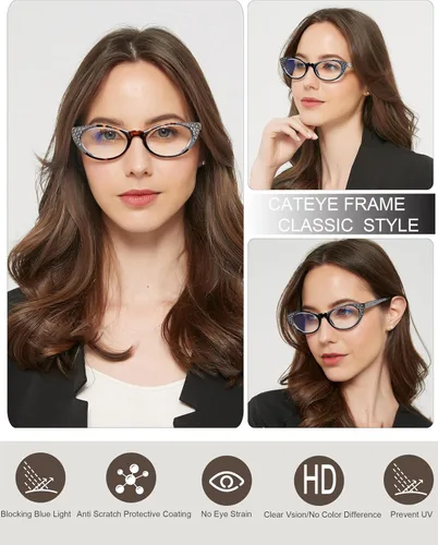 Miniatura 6 de EYEURL Gafas de lectura de ojo de gato para mujer, bloqueo de luz azul, paquete de 3 lectores de computadora de 1.75 pulgadas con bisagra