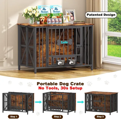 Miniatura 2 de EasyCom Muebles de Jaula Plegable Grande para Perros, 41.3" Jaulas Sin Montaje para Perros Grandes, Perrera de Madera para Interiores con Etiqueta