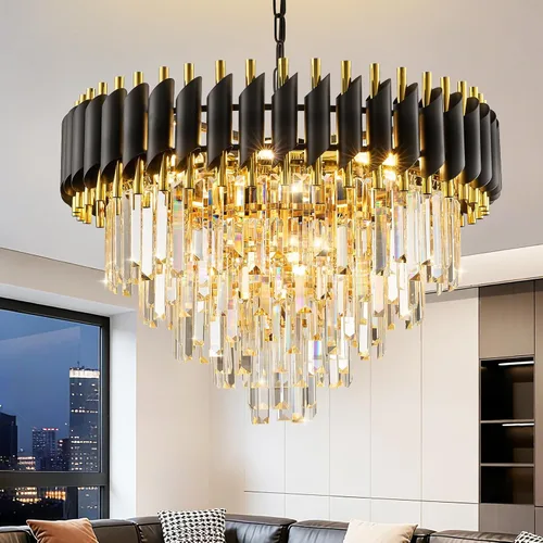 Miniatura 19 de Candelabro de cristal negro de 20 pulgadas, K9, luces colgantes redondas, ajustables, de 4 niveles, gran lámpara de cristal moderna, 6 luces