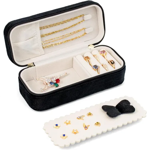 SANQIANWAN Joyero de viaje de terciopelo de felpa para mujer, lujoso, esponjoso, portátil, pequeño, pequeño, joyero, para aretes, anillos, soporte