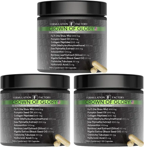 Miniatura 13 de Formulation Factory Crown of Glory Maximizador de Crecimiento Capilar 10 en 1, Bloqueador de DHT con Saw Palmetto, Fo-Ti, Colágeno, Favorece un