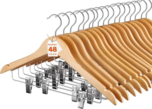 Miniatura 8 de HOUSE DAY Perchas de madera con clips, paquete de 12 perchas de madera de nogal resistente, colgador de falda de alta calidad con clips ajustables