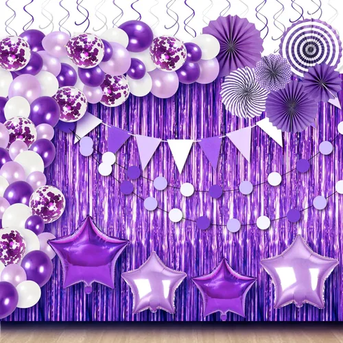 KatchOn, Juego de decoración de fiesta púrpura 2026 – Paquete enorme de 155 globos para arco 2026 | Globos 2026, telón de fondo con flecos, Morado