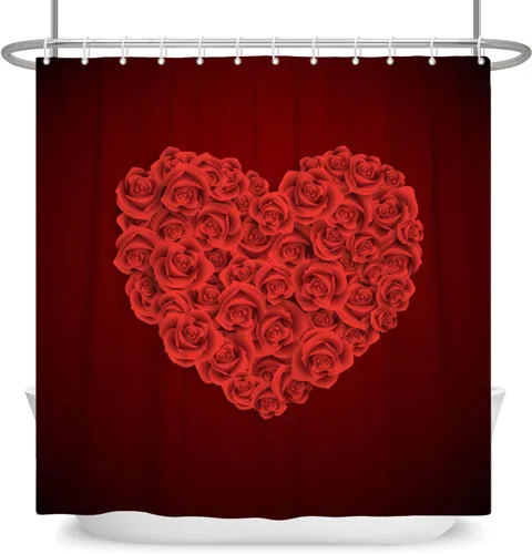Miniatura 7 de Cortina de ducha romántica con ganchos para el día de San Valentín, diseño romántico de rosas rojas y corazones para San Valentín, estilo festivo