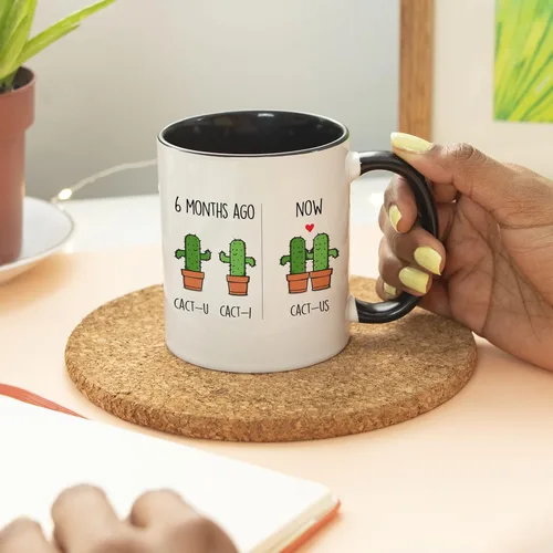 Miniatura 5 de YouNique Designs Taza de 6 meses, 11 onzas, Divertido 6 Taza de café de meses para novio y novia, Taza de aniversario de citas (mango negro)