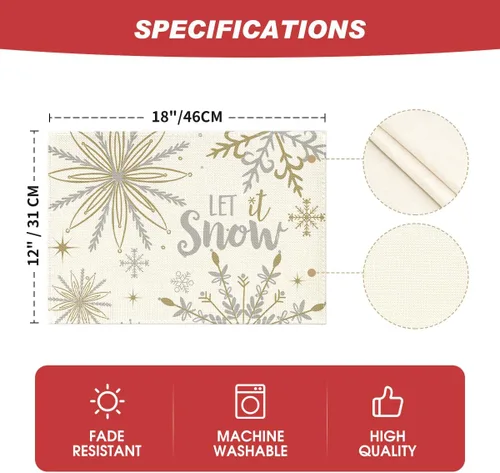 Miniatura 6 de Artoid Mode Juego de 4 manteles individuales de mesa con diseño de copo de nieve beige Let It Snow de invierno, 12 x 18 pulgadas, manteles de mesa