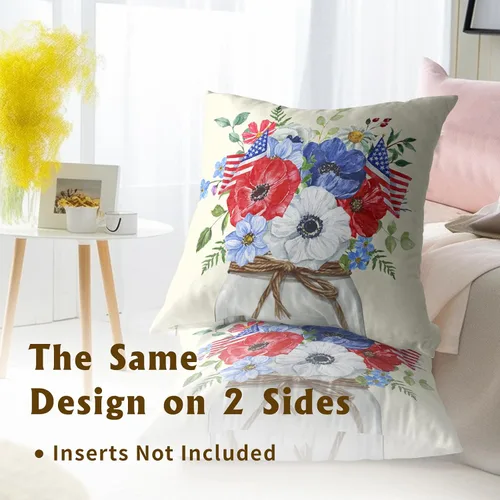Miniatura 5 de Juego de 2 fundas de cojín decorativas con bandera americana y flores de amapola roja y azul, 16 x 16 pulgadas, fundas cuadradas para sofá, sillón