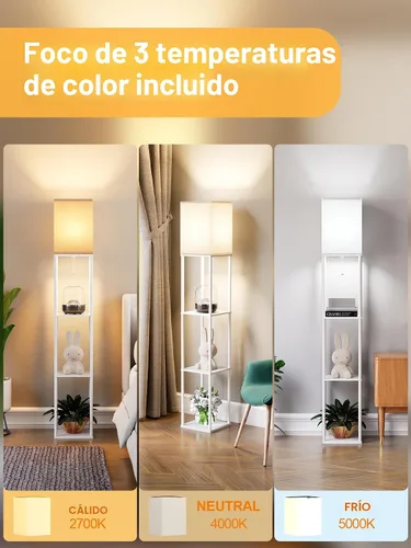 Miniatura 3 de Lámpara de pie con estantes para sala de estar blanca, lámpara de pie con estante con bombilla LED de 3 CCT, lámpara de columna de pie de esquina