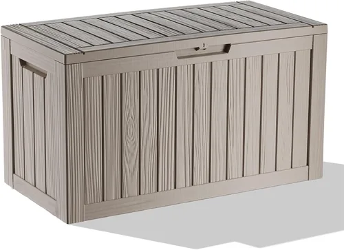 ROJIK Caja de almacenamiento para exteriores, caja de cubierta impermeable de 85 galones, contenedor de almacenamiento exterior de resina resistente