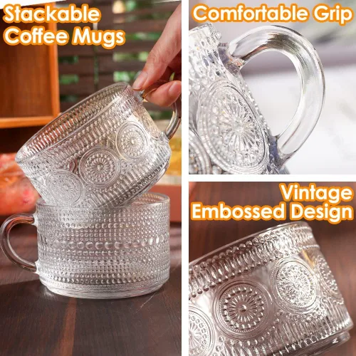 Miniatura 5 de Juego de 4 tazas de café de vidrio vintage, tazas de café de vidrio en relieve de 14 onzas para cereales, yogur, latte, tazas de desayuno