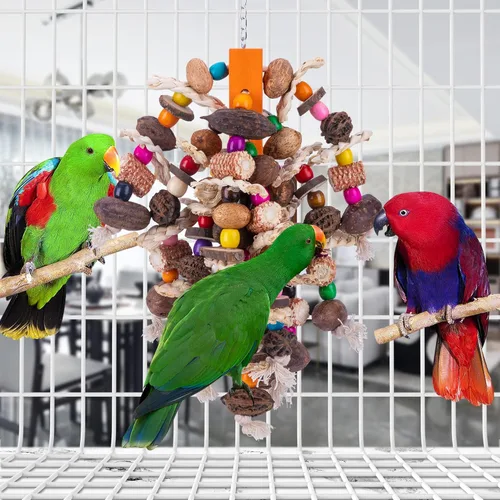 Miniatura 6 de Deloky Juguetes para masticar pájaros loros grandes, frutos secos naturales, juguete desgarrador de loro de maíz, juguete de jaula de madera