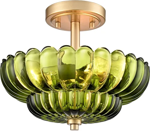 Miniatura 12 de Lámpara de techo semiempotrada, 3 luces de techo vintage modernas de cristal verde, luz cercana al techo festoneada, lámpara de techo empotrada