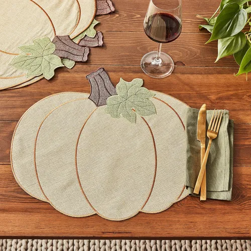 Miniatura 6 de Violet Linen Juego de 4 manteles individuales decorativos con diseño de calabaza de otoño de cosecha de Acción de Gracias, apliques bordados