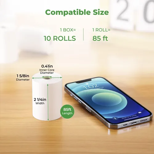 Miniatura 2 de MUNBYN Papel térmico para recibos de 2 1/4" x 85' (10 rollos) Rollos de papel para caja registradora Compatible con la mayoría de terminales