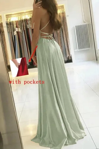 Miniatura 2 de POMUYOO Vestidos de dama de honor con tirantes delgados para mujer, con bolsillos, vestido largo de baile de graduación con abertura, vestido formal