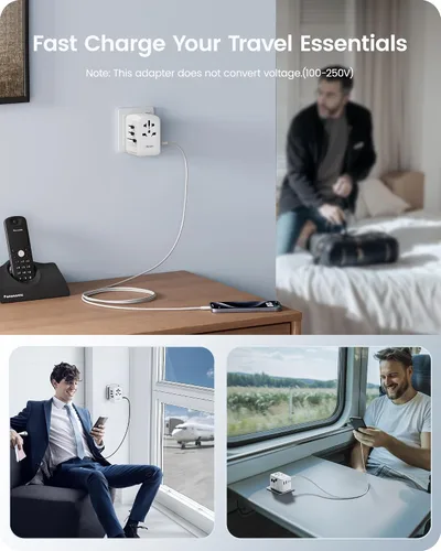 Miniatura 6 de LENCENT Adaptador de viaje internacional de 65 W, adaptador de viaje universal con 2 salidas USB-A y 3 PD tipo C, carga rápida para teléfono, Blanco