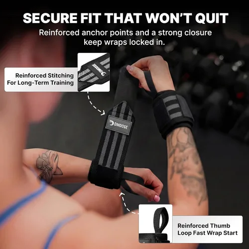 Miniatura 5 de DMoose Fitness Muñequeras para levantamiento de pesas de 18 pulgadas – Envoltura de gimnasio resistente con lazo para el pulgar para apoyo y alivio