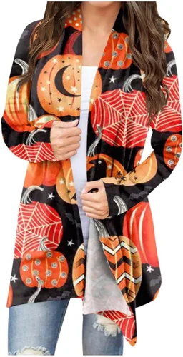 ZEFOTIM Cárdigans de Halloween para mujer, con estampado de murciélago y calabaza, frente abierto, ligero, lindas y divertidas camisas