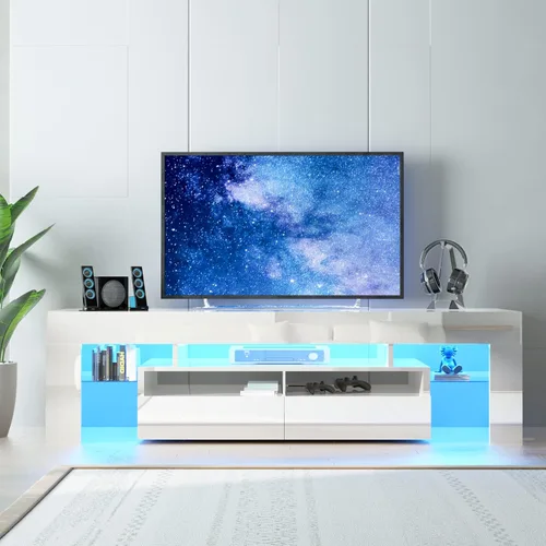 Squireewo Soporte de TV con luces LED de 16 colores, consola multimedia con cajón y estante abierto de vidrio para TV de 60/65/70 pulgadas, centro