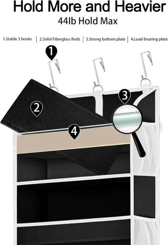 Miniatura 3 de TAHAVICE Paquete de 1 organizador de almacenamiento sobre la puerta con 5 bolsillos, 10 bolsillos laterales de malla, capacidad de peso de 44 Negro