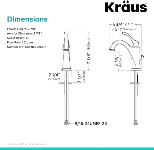 Miniatura 8 de KRAUS KBF-1201SFS Arlo Grifo de lavabo de una sola manija para baño con drenaje de varilla de elevación y placa de cubierta, acero inoxidable Acero