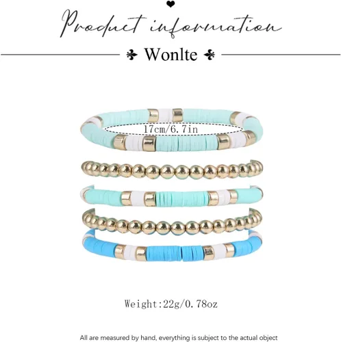 Miniatura 5 de Wonlte - Juego de pulseras de cuentas de arcilla Heishi, pulseras elásticas apilables con cuentas de mal de ojo, pulseras elásticas apilables