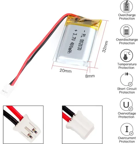 Miniatura 2 de Batería de 3.7V 400mAh 802030 Li-ion Li-Po recargable de iones de litio con conector de paso de 2P PH 0.079 in