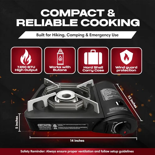 Miniatura 2 de Chef Master Estufa portátil de butano para campamento, encendido piezoeléctrico de 7,650 BTU, quemador de estufa portátil con funda de transporte