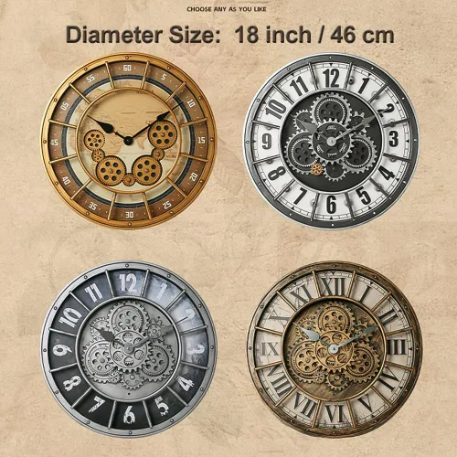 Miniatura 7 de Reloj de pared de 18 pulgadas con engranajes en movimiento, decoración industrial steampunk de gran tamaño, relojes de pared de metal antiguos