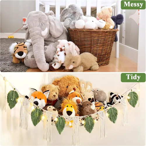 Miniatura 7 de Dremisland Hamaca de red de juguetes de peluche con luz de estrella, hoja bohemia de macramé, borla de macramé, organizador de juguetes