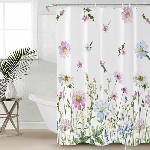 Miniatura 4 de YOKOU Cortina de ducha, flores silvestres con estampado floral de acuarela de primavera, plantas repelentes al agua, tela de poliéster, cortinas