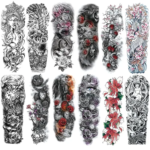 Tatuaje temporal de brazo completo de Halloween para hombres y mujeres, 12 hojas de tatuajes temporales de manga de esqueleto de calavera, tatuajes
