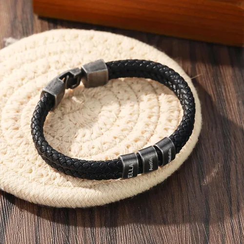 Miniatura 7 de Pulsera personalizada con nombre para hombre, pulsera de cuero personalizada para hombre con 2-5 cuentas vintage grabadas con nombres de familia