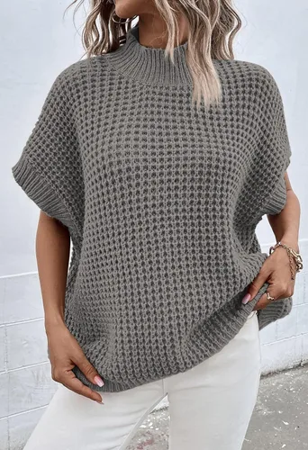 Miniatura 2 de Viottiset Suéter de manga corta de murciélago para mujer, cuello alto falso, suéter de punto sin mangas para otoño
