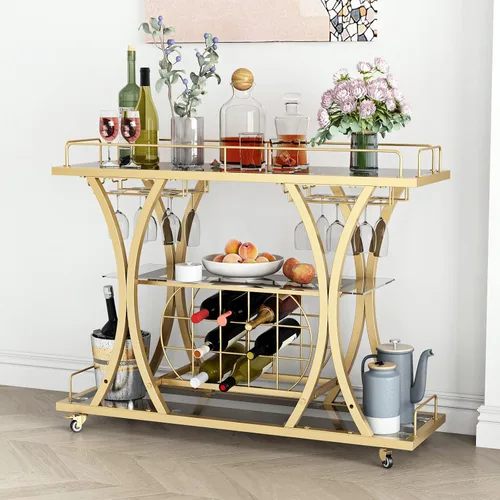 Carritos de Bar Dorados con Soportes de Vasos y Estante para Vino, Carritos de Bar para Servir en Casa de 3 Niveles con Estantes de Vidrio, Carritos