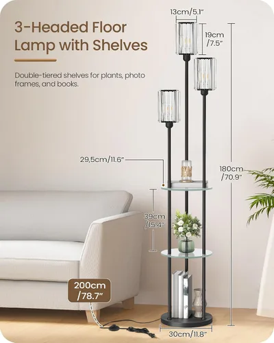 Miniatura 2 de Lámpara de pie negra con estantes, lámpara de pie moderna con 3 pantallas de cristal e interruptor de pie, lámpara de pie de 3 luces, para sala
