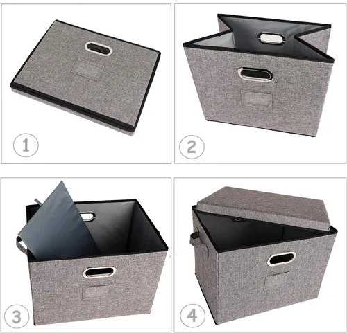 Miniatura 4 de Lukeline Contenedores de almacenamiento plegables con tapas, paquete de 2 cajas de almacenamiento plegables de lino de tela, cesta organizadora