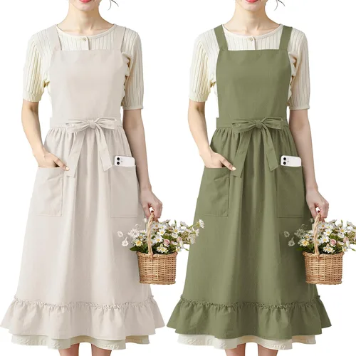 100% Cotton Aprons with Pockets Pinafore Dress for Women Vintage Cute Aprons for Kitchen Baking Gardening Painting