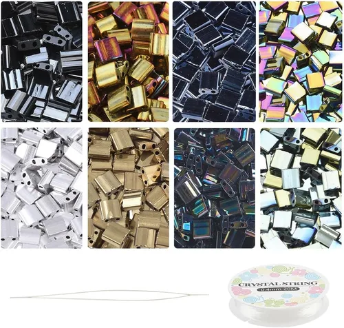 NBEADS Juego de 208 cuentas metálicas de 2 agujeros, 8 colores de 0.197 x 0.197 in, incluye hilo elástico y agujas de cuentas de acero inoxidable