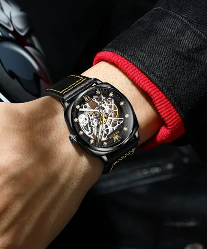 Miniatura 4 de OUPINKE Relojes automáticos de esqueleto para hombre, mecánica, cuerda automática, correa de cuero elegante, estilo steampunk, luminoso
